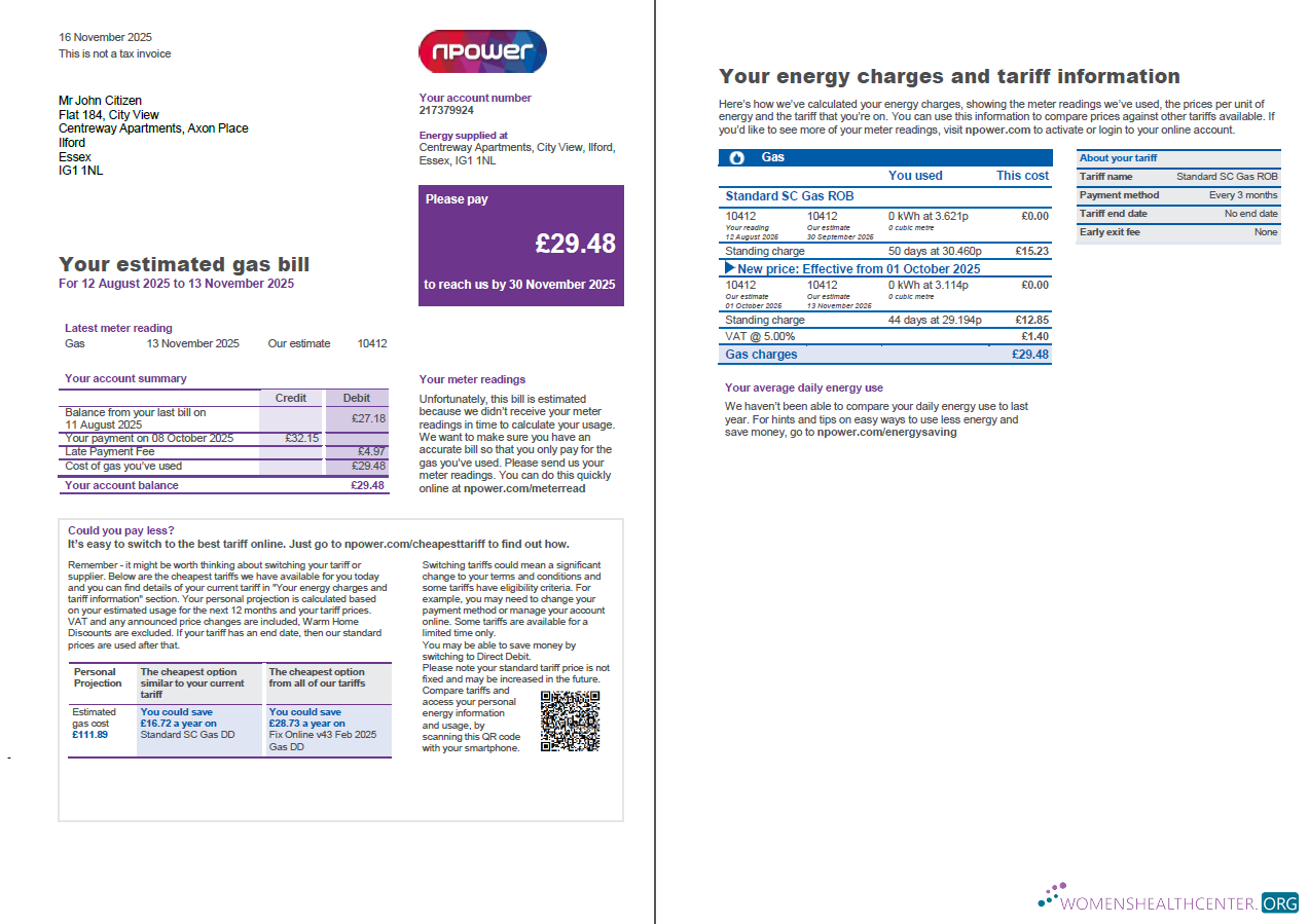 download United Kingdom Npower utility bill template in Word and PDF formats, 3 pages, 1 2 page PDF template